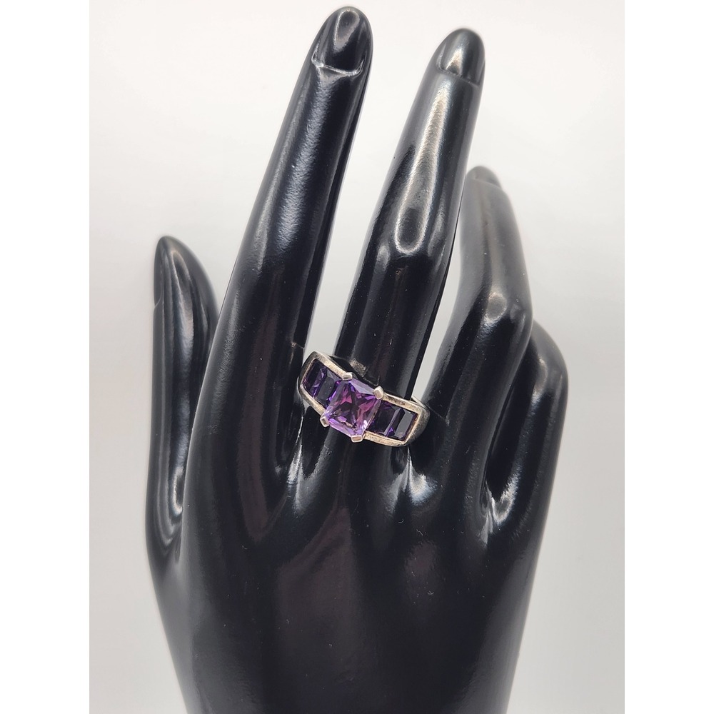Vintage Sterling Silver 925 Purple Amethyst Multi Stone Emerald Cut Ring Sz 9.75